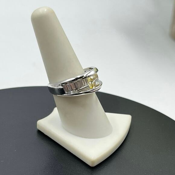 Designer Sterling Silver 925 Raised Yellow Round and Baguette CZ Ring  Size 8.25 - Picture 2 of 11